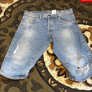 Men's Distressed Denim Knee-Length Shorts - Light Blue